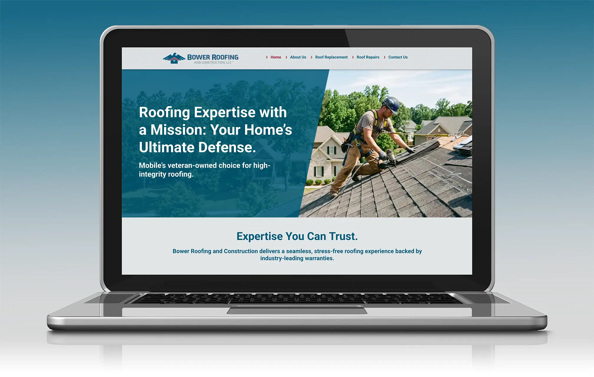 Bower Roofing website on laptop